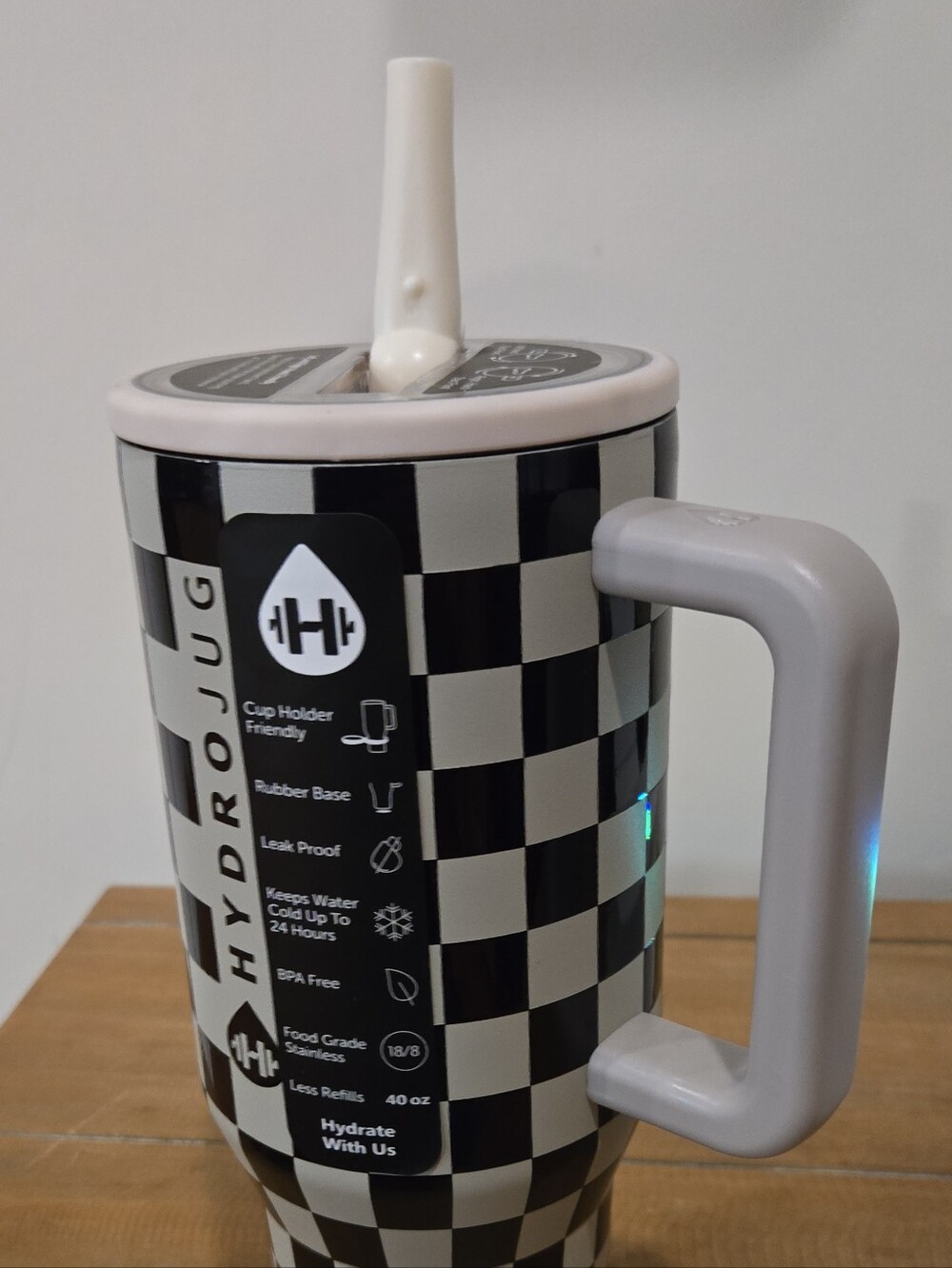 HydroJug Checkered Travel Mug with Gray Handle - Insulated Water Tumbler